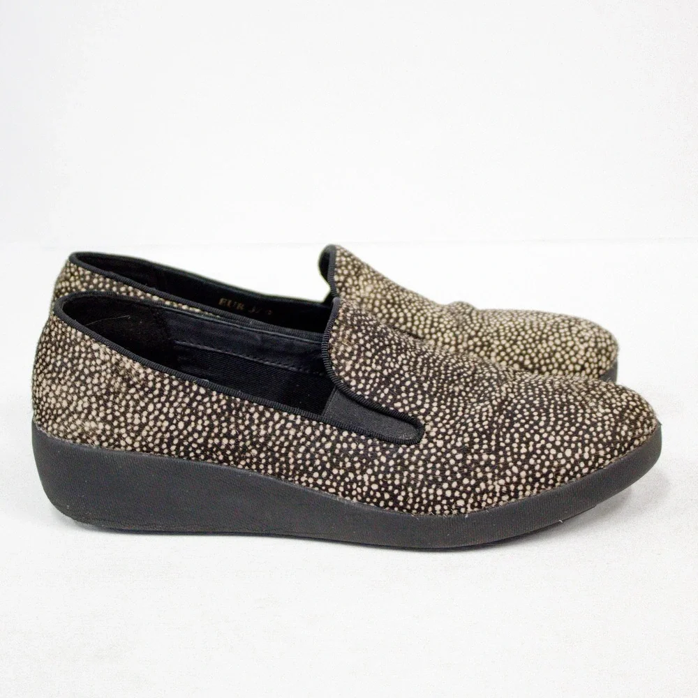 FitFlop Supercomff Womens Pony Hair Speckled Animal Print Slip On Loafers Size 7